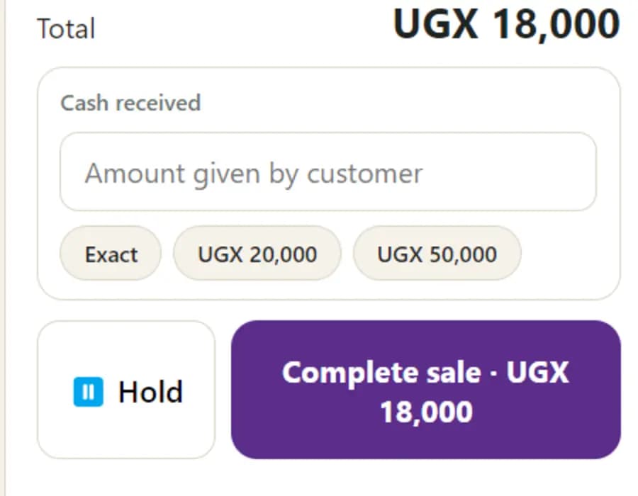 The end of a sale: total UGX 18,000, a cash-received box with Exact, UGX 20,000 and UGX 50,000 shortcuts, and the buttons Hold and Complete sale.